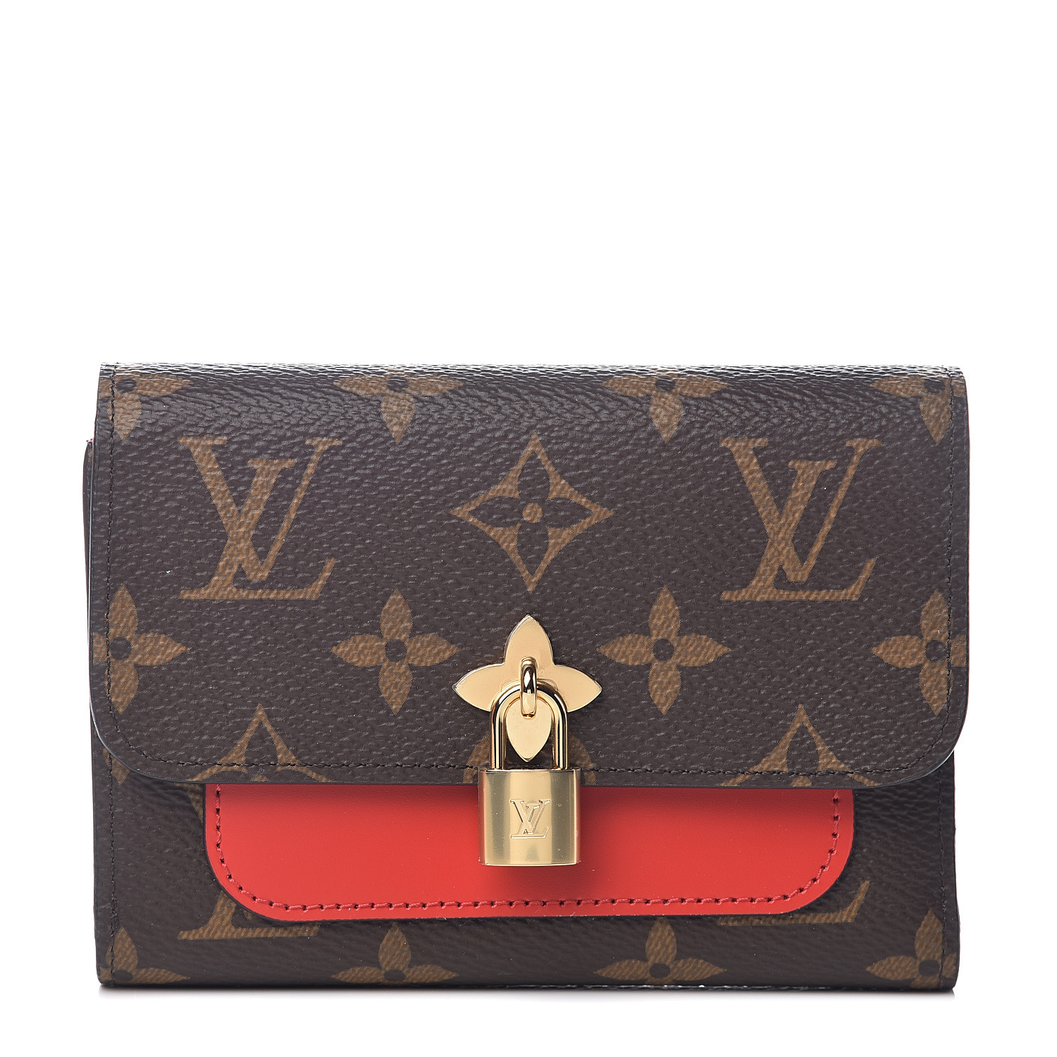 LOUIS VUITTON Monogram Flower Lock Compact Wallet Coquelicot 541428