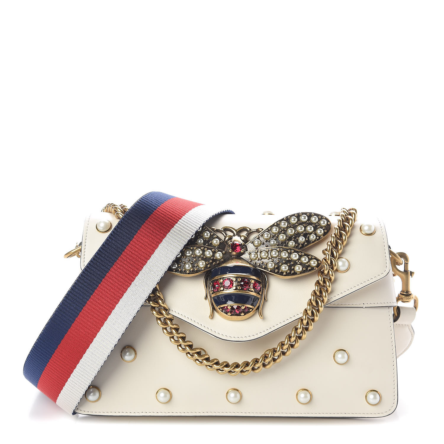 GUCCI Calfskin Pearl Studded Mini Broadway Bee Shoulder Bag White 498017