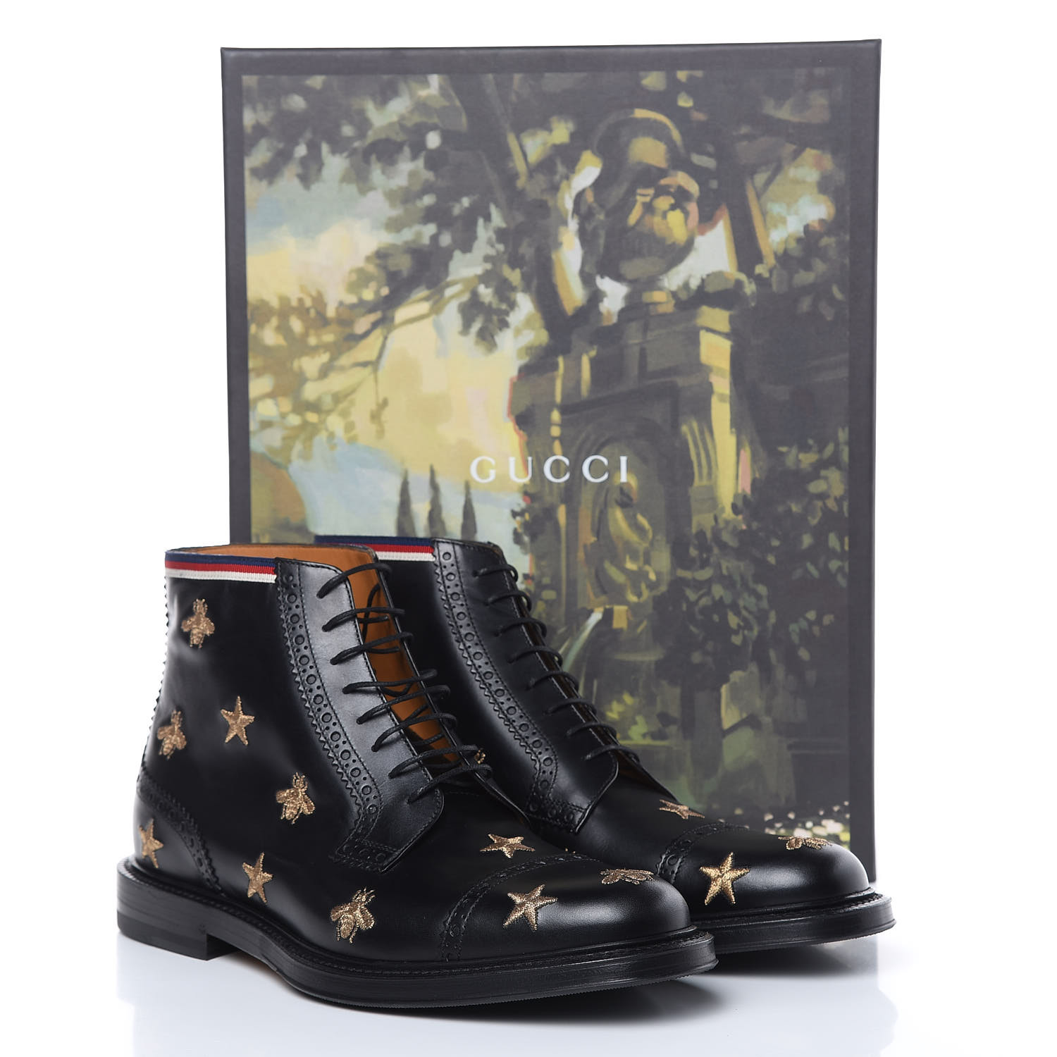 GUCCI Calfskin Mens Embroidered Bee Star Brogue Boots 7.5 Black 434406