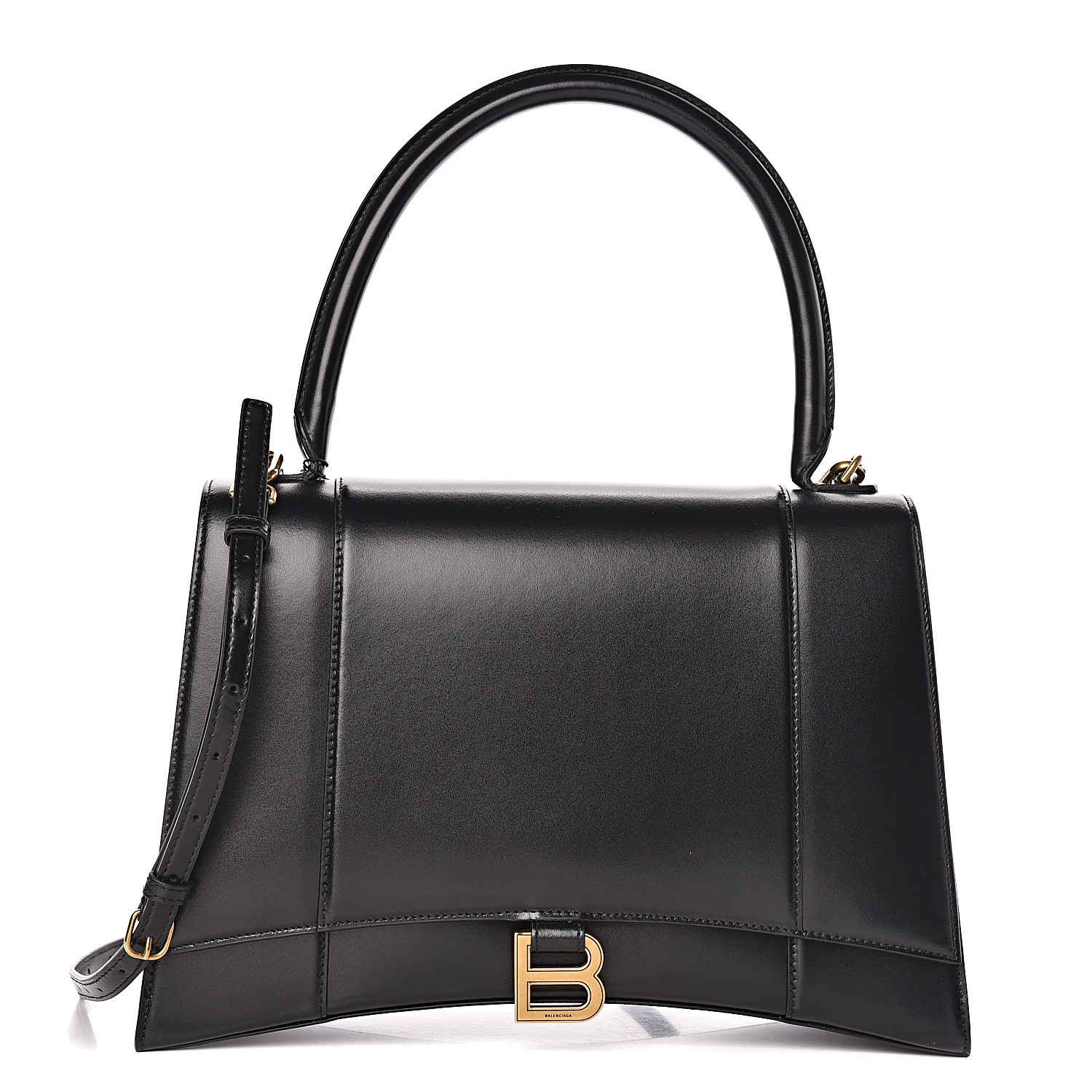 BALENCIAGA Shiny Box Calfskin Medium Hourglass Top Handle Bag Black 472386