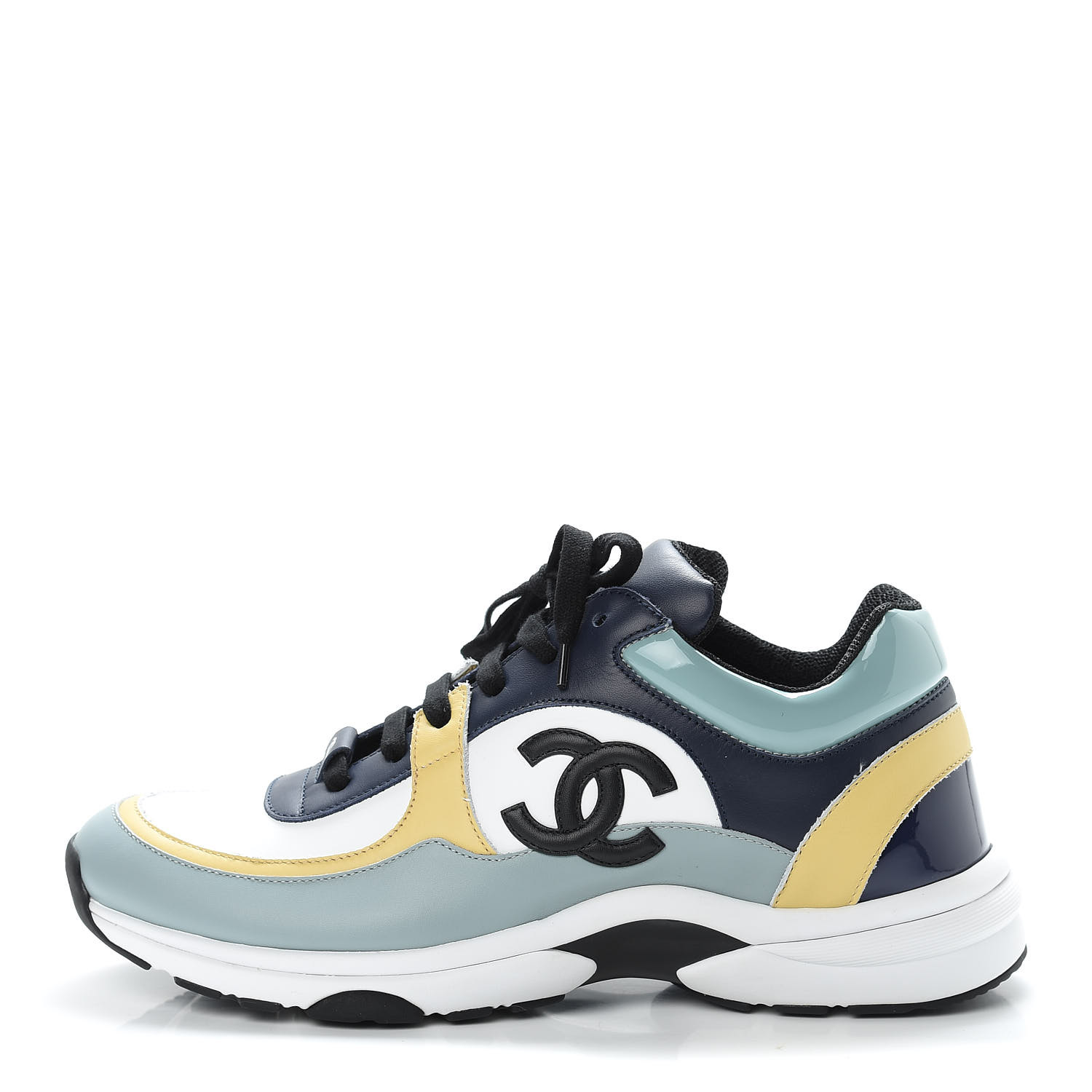 CHANEL Calfskin Patent CC Sneakers 41 White Blue Yellow 472851