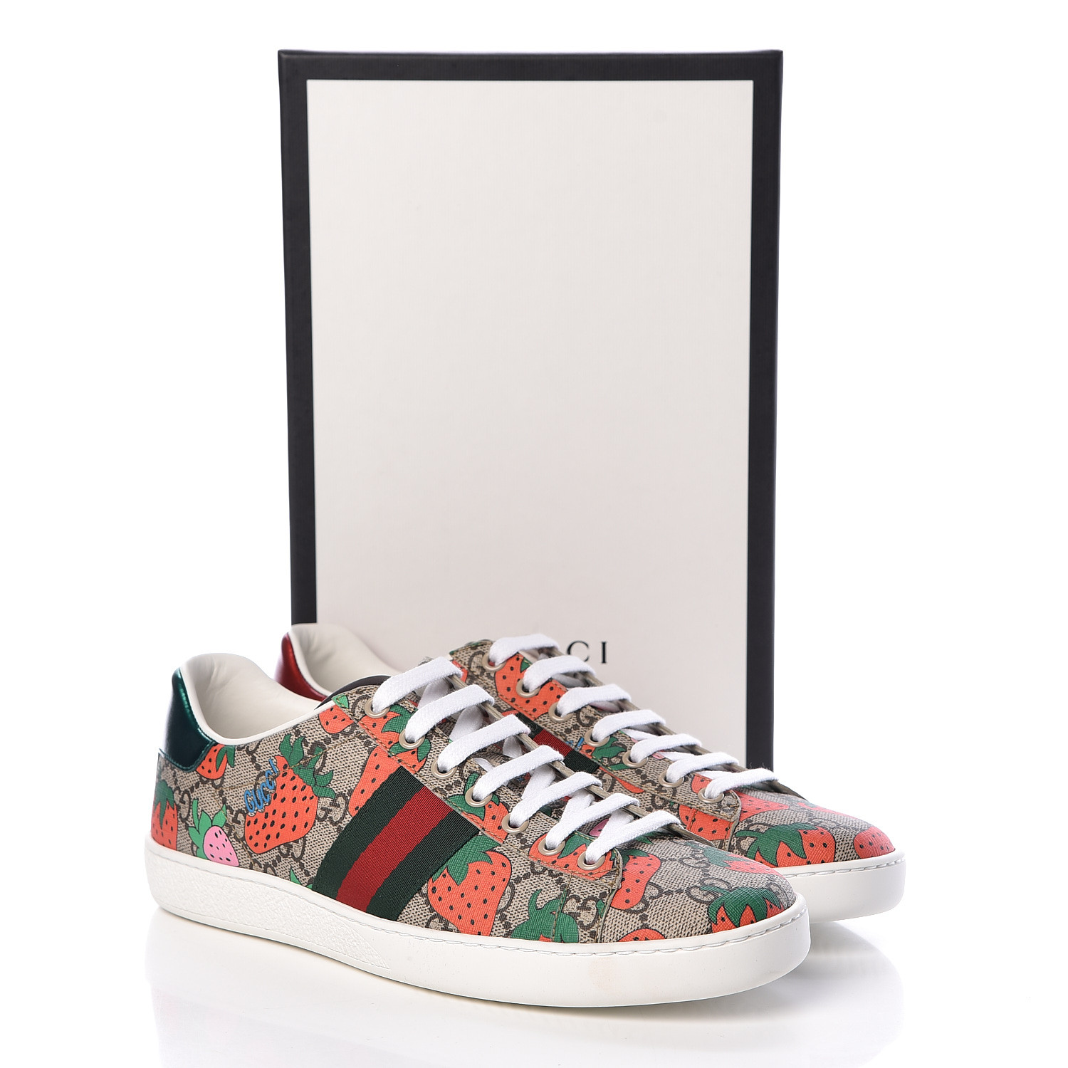 GUCCI GG Supreme Monogram Womens Ace Strawberry Sneakers 40 Red Green ...
