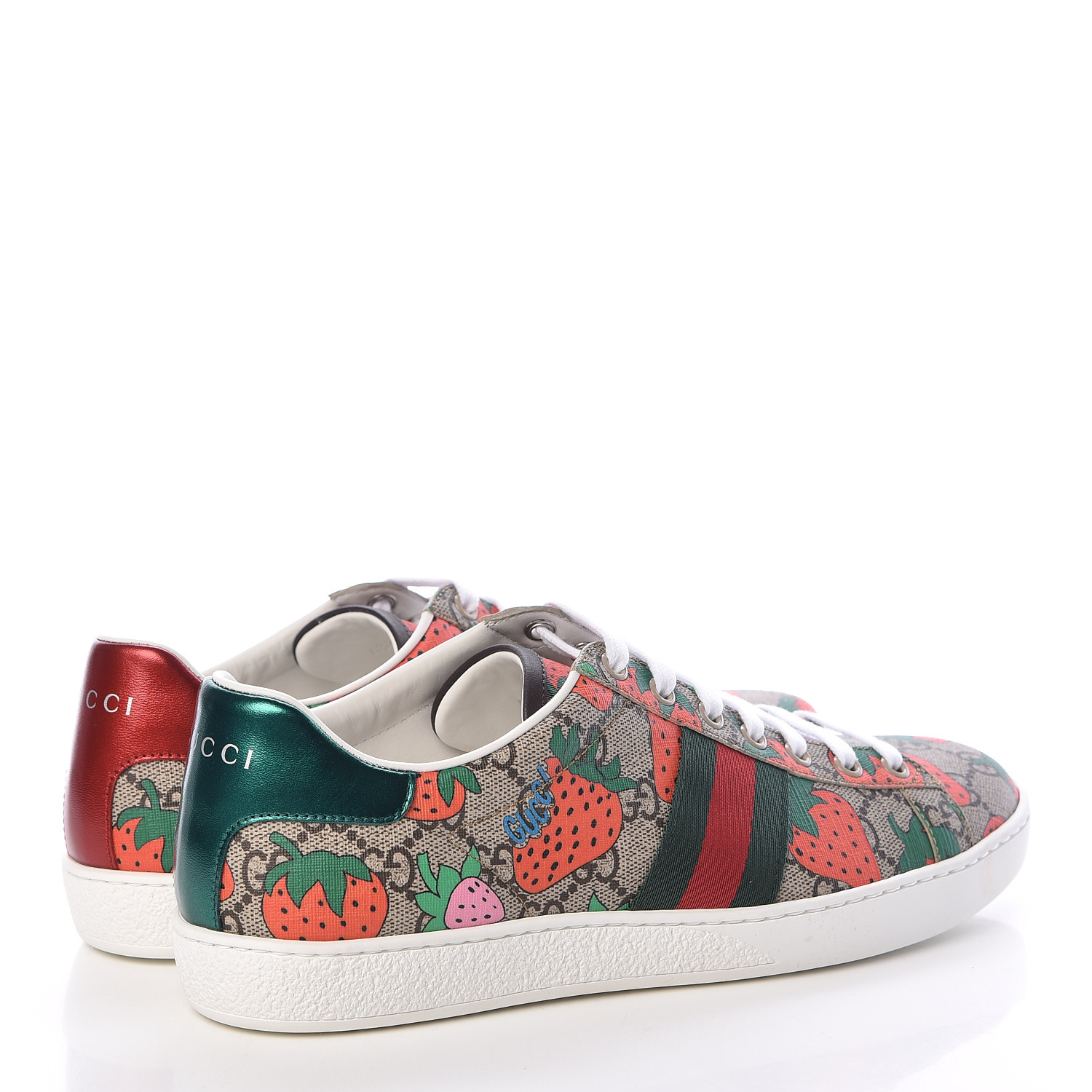 GUCCI GG Supreme Monogram Womens Ace Strawberry Sneakers 40 Red Green ...