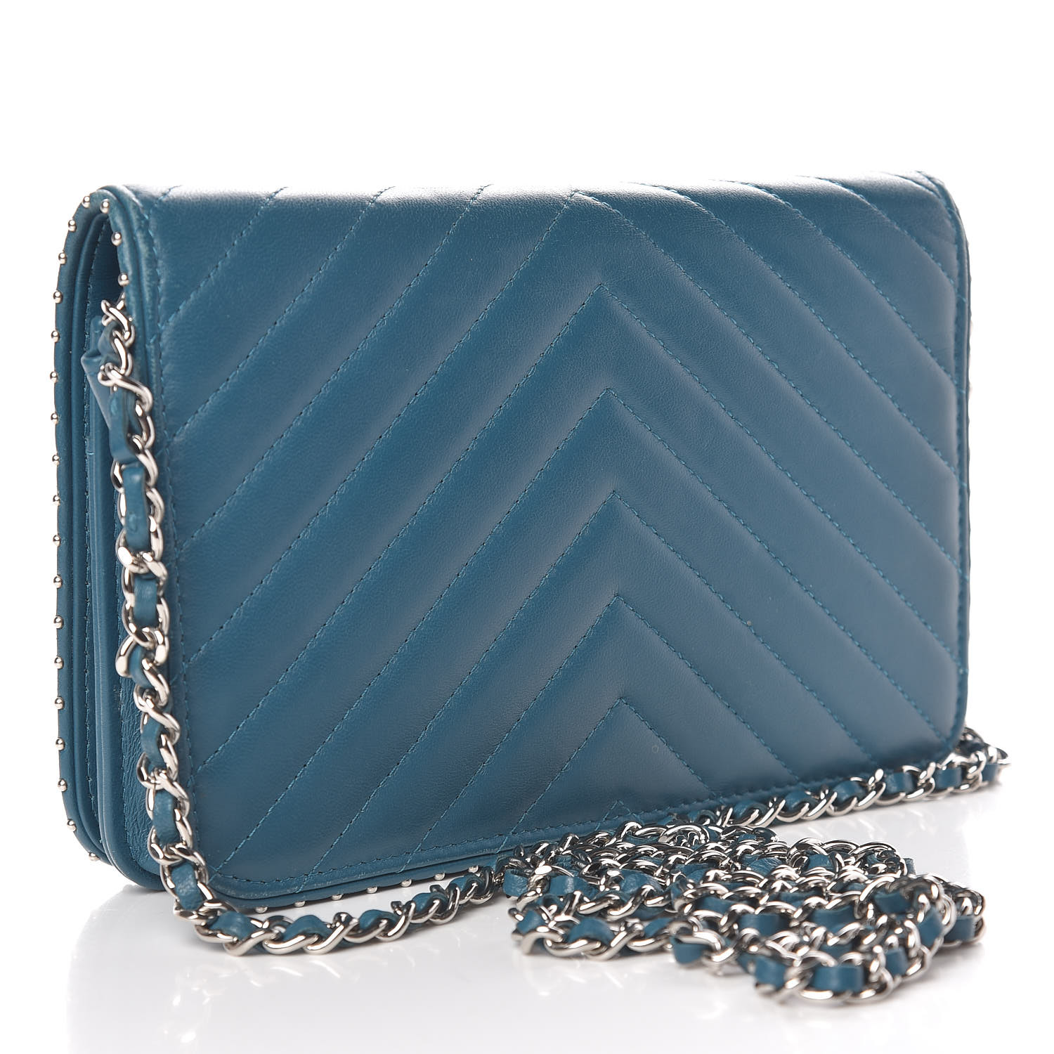CHANEL Lambskin Chevron Quilted Studded Wallet On Chain WOC Blue 489392