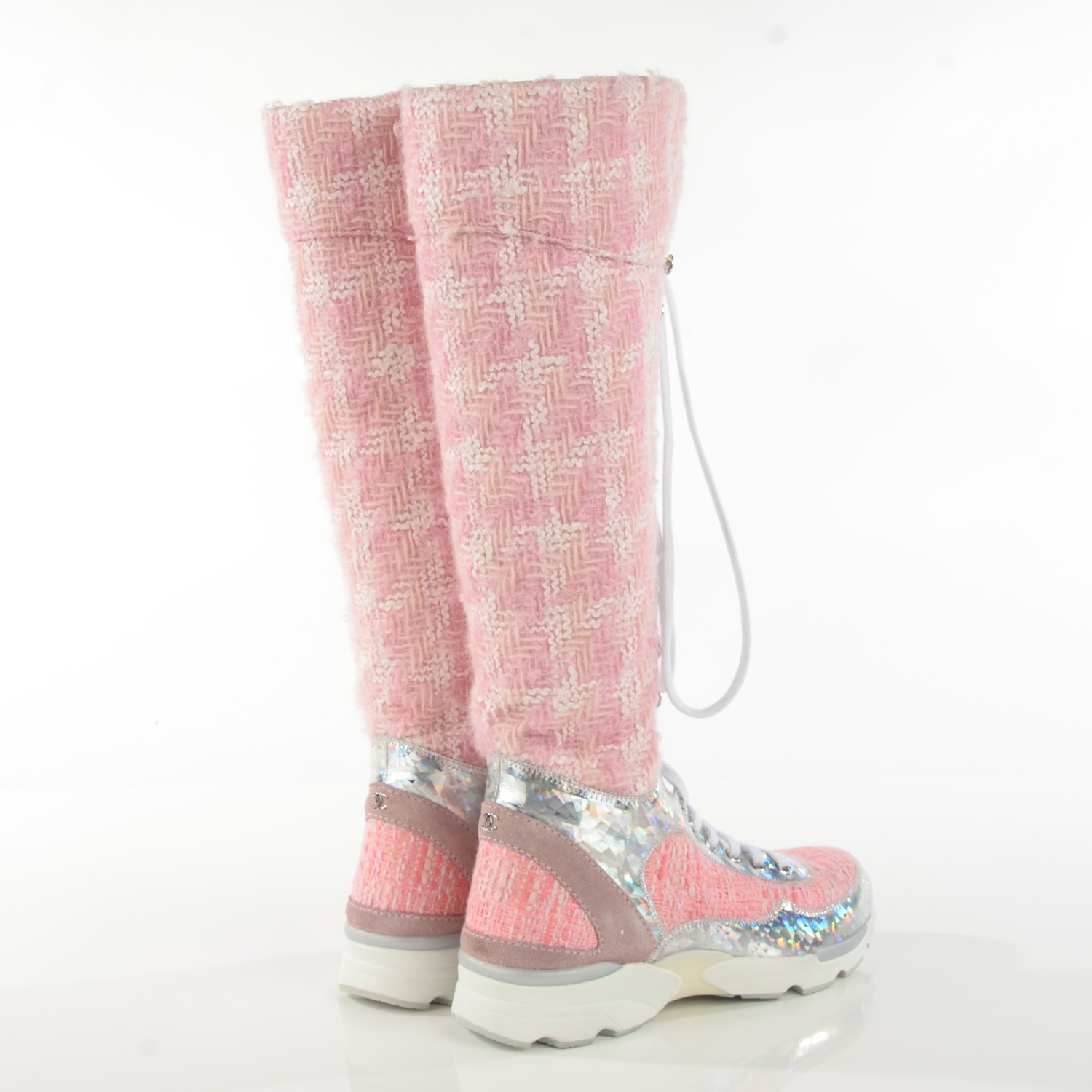 CHANEL Tweed Suede Calfskin Sneaker High Boots 37 Pink 116489