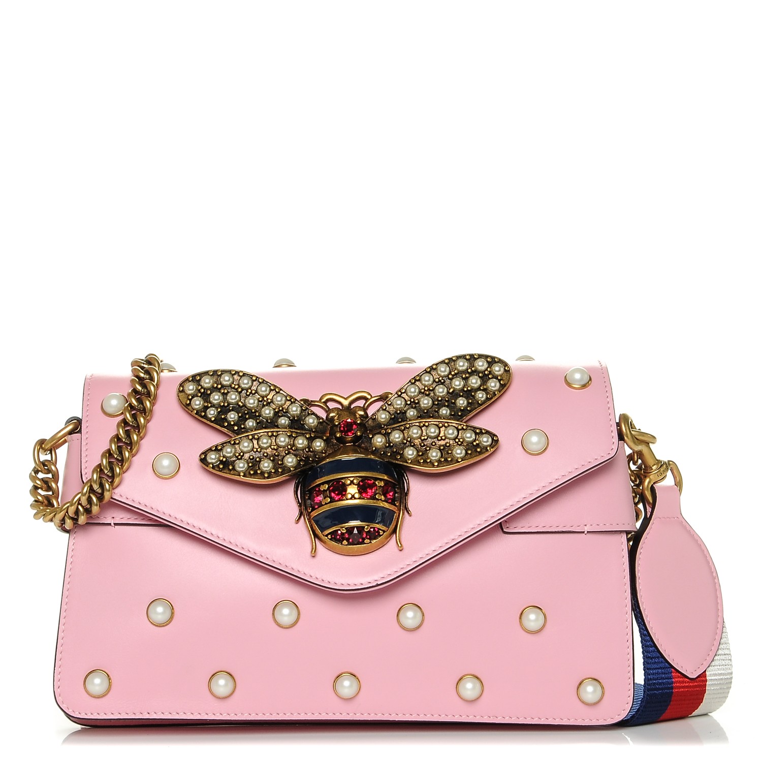 GUCCI Calfskin Pearl Studded Mini Broadway Bee Shoulder Bag Light Pink ...