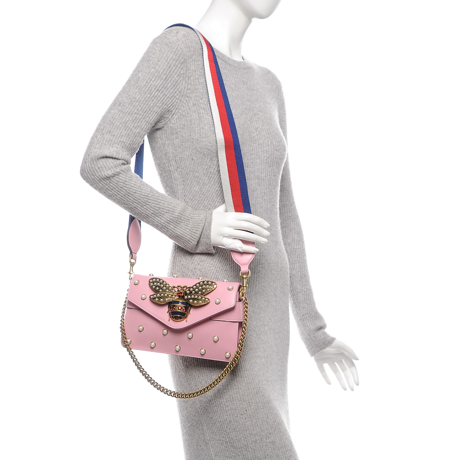 GUCCI Calfskin Pearl Studded Mini Broadway Bee Shoulder Bag Light Pink 190988