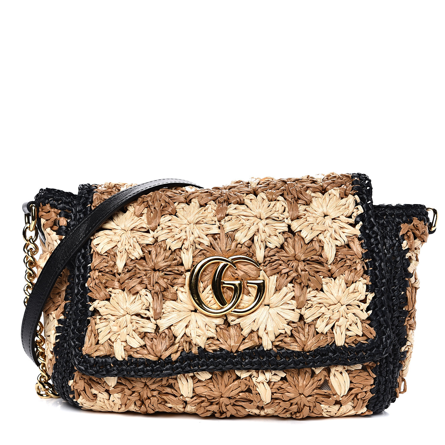 GUCCI Raffia Small GG Marmont Shoulder Bag Beige Black 533647