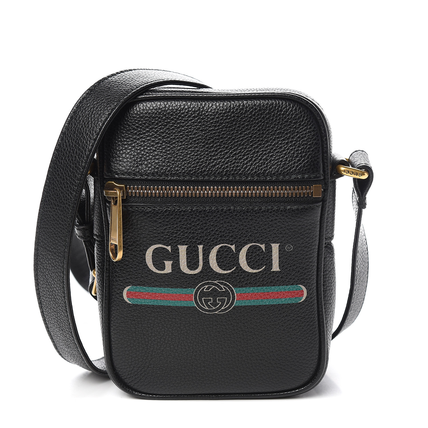 GUCCI Grained Calfskin Logo Print Messenger Bag Black 533799