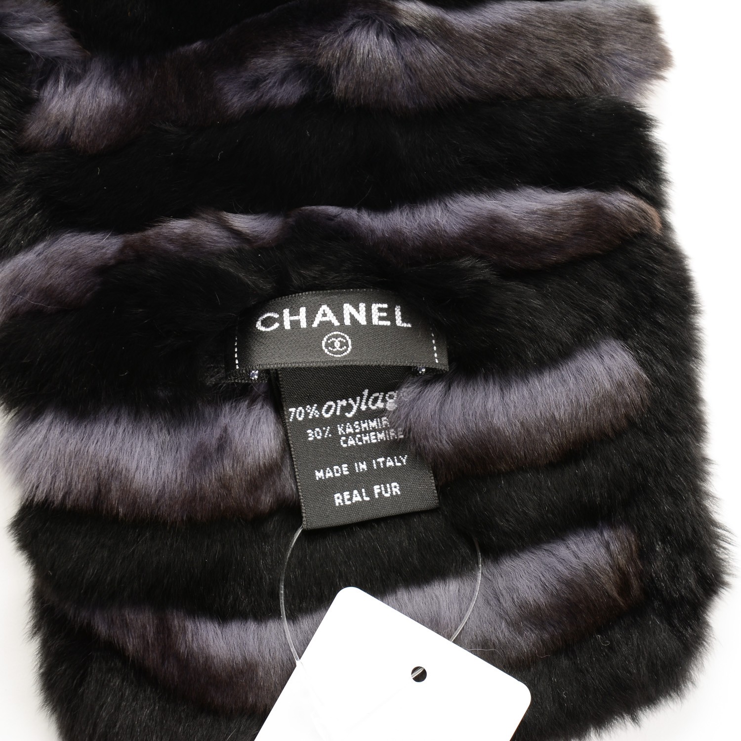 CHANEL Orylag Rabbit Fur CC Scarf Black Grey 143414