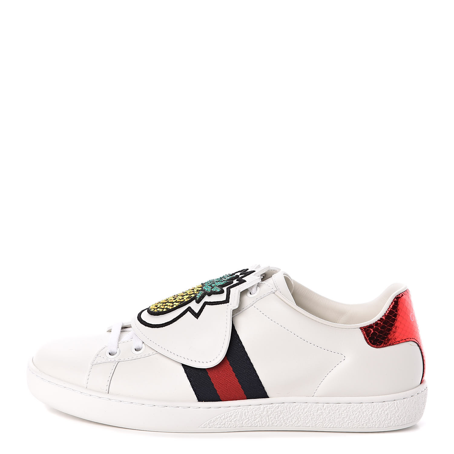 GUCCI Calfskin Crystal Womens New Ace Pineapple Sneakers 37 White 507578