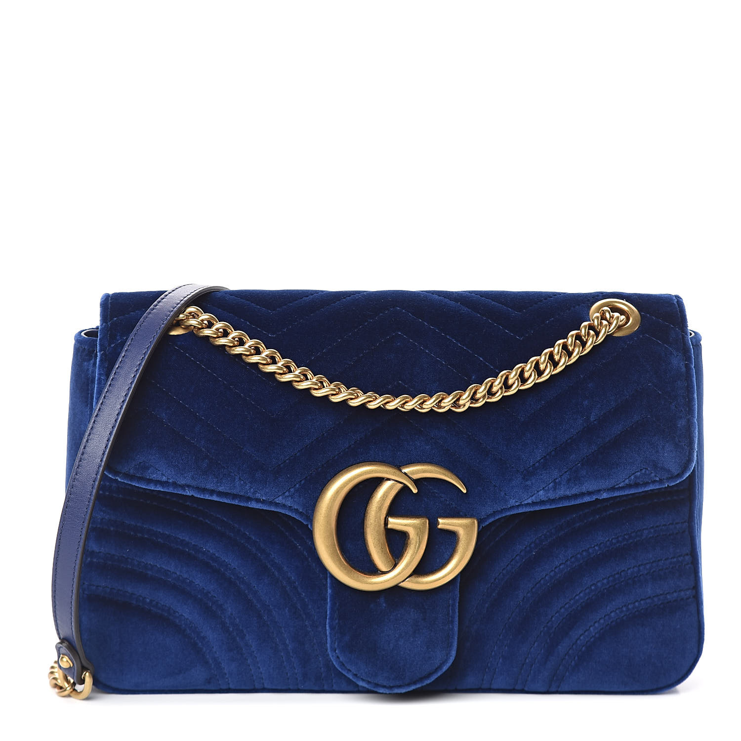 GUCCI Velvet Matelasse Medium GG Marmont Shoulder Bag Cobalt Blue 521599