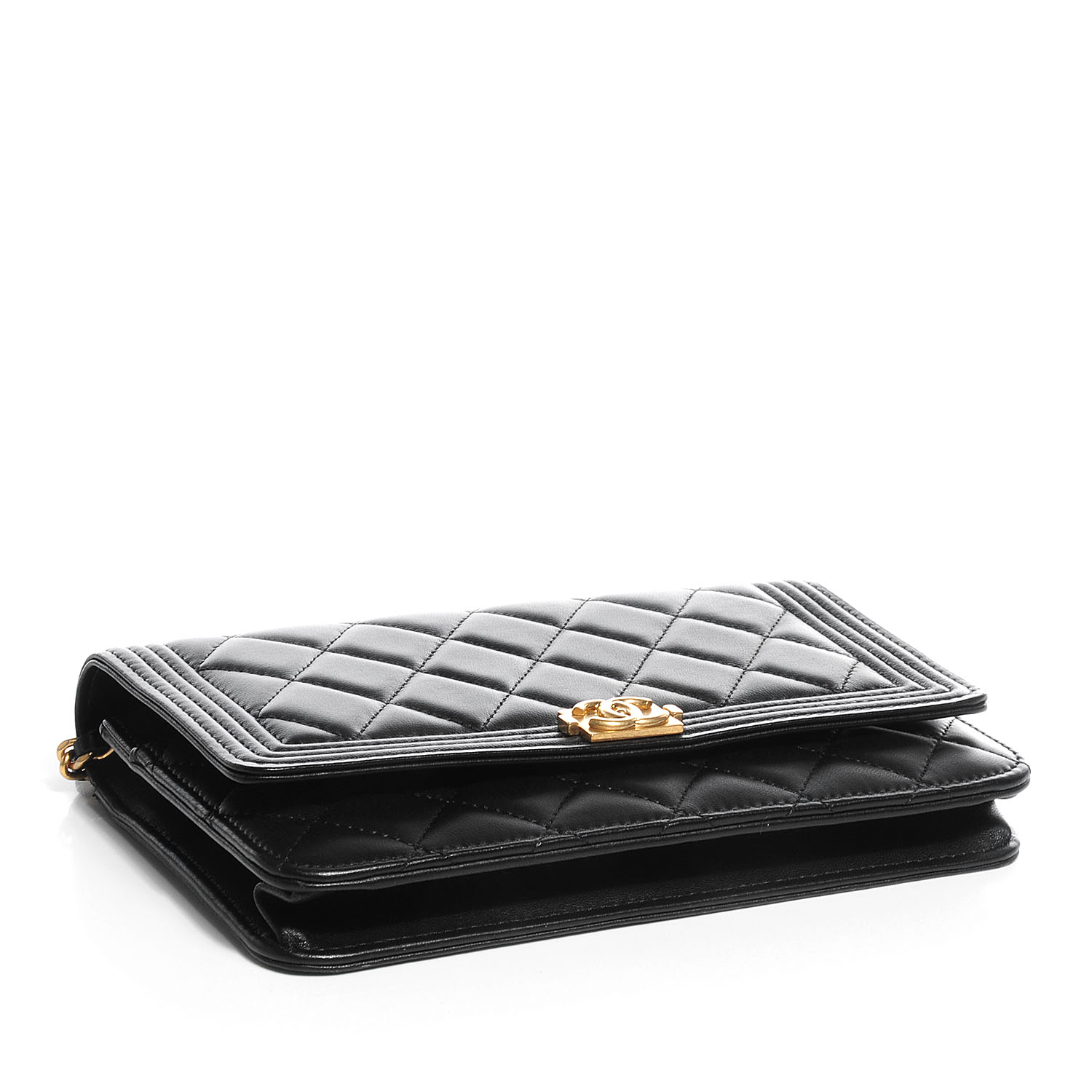 CHANEL Lambskin Quilted Boy Wallet On Chain WOC Black 87112