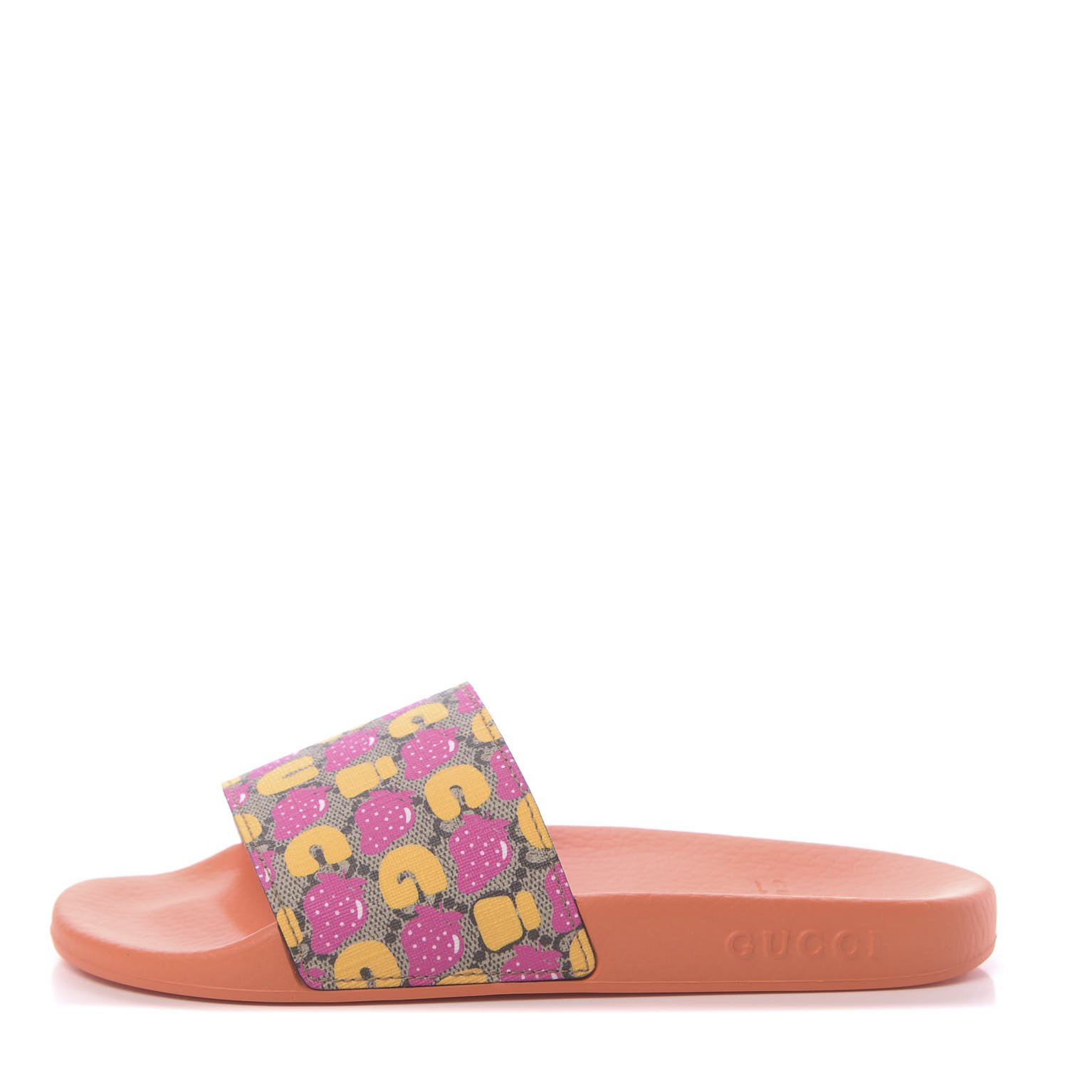 GUCCI Rubber Monogram Strawberry Print Womens Slide Sandals 35 Orange ...