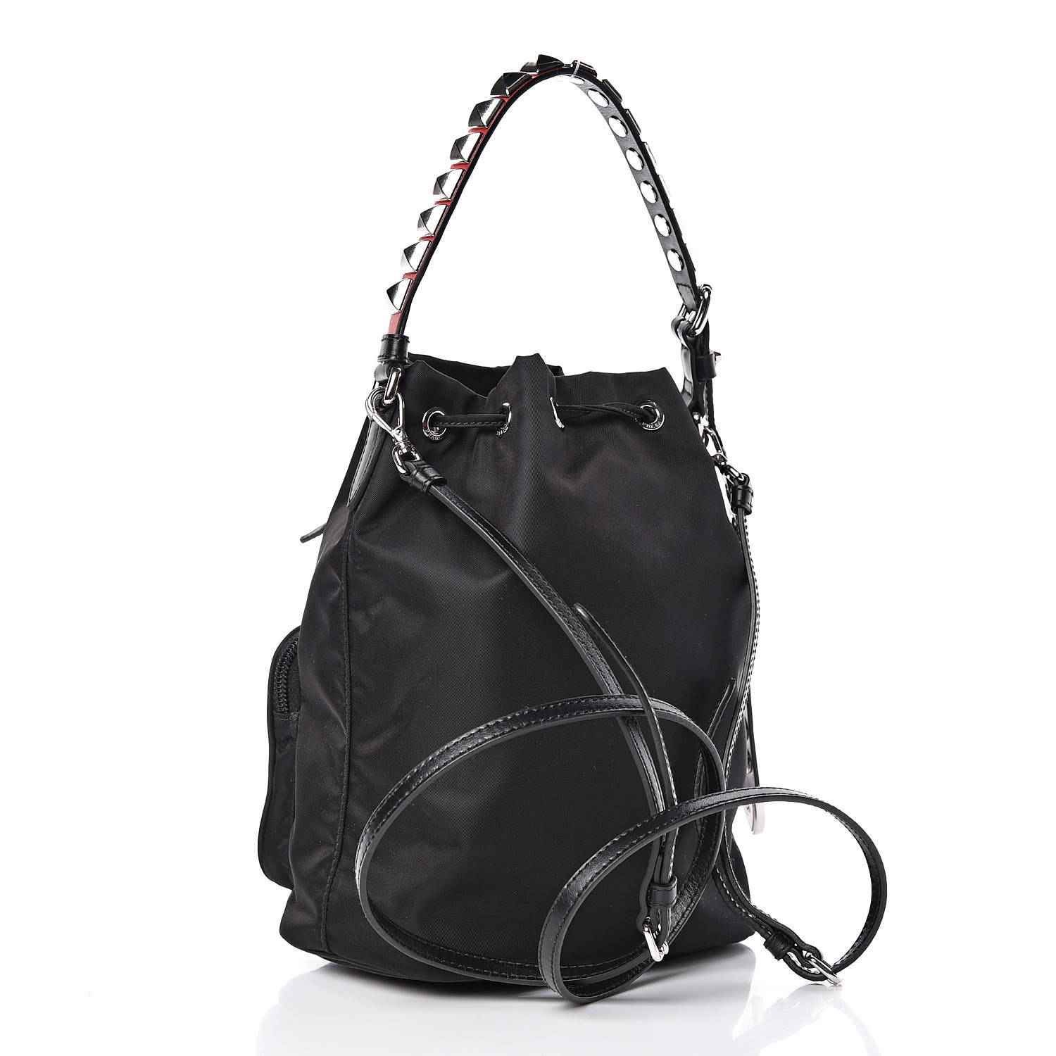 PRADA Tessuto Nylon Studded New Vela Mini Bucket Crossbody Bag Black Fuoco 434060