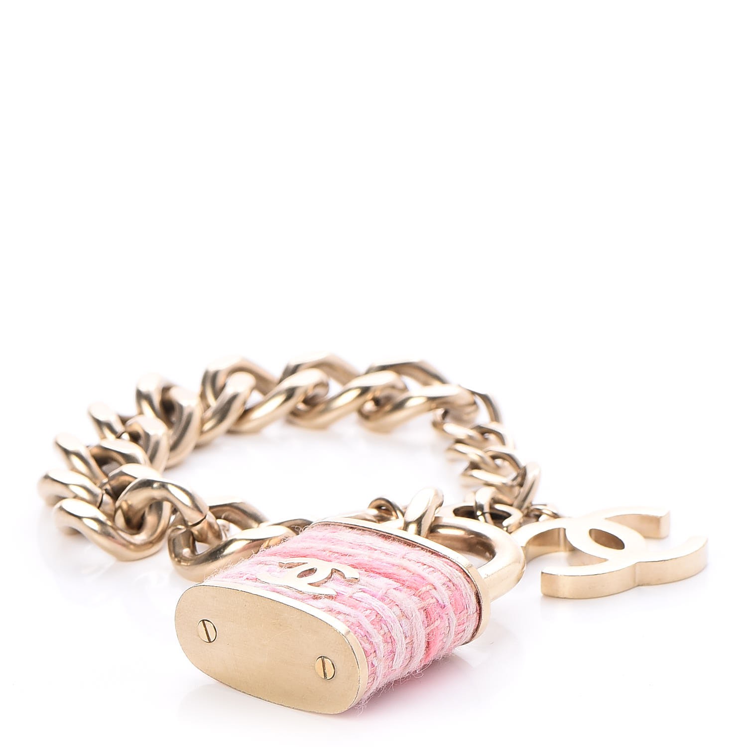 Chanel Tweed Cc Padlock Bracelet Gold Pink 259915 Chanel Tweed Cc Padlock Bracelet Gold