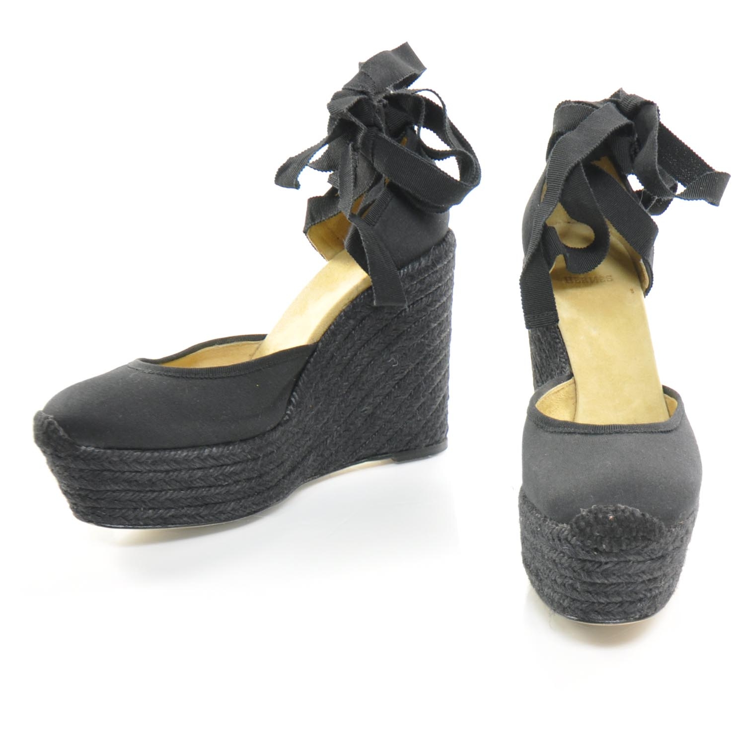 HERMES Espadrille Platform Wedge Sandals 36 Black 26481