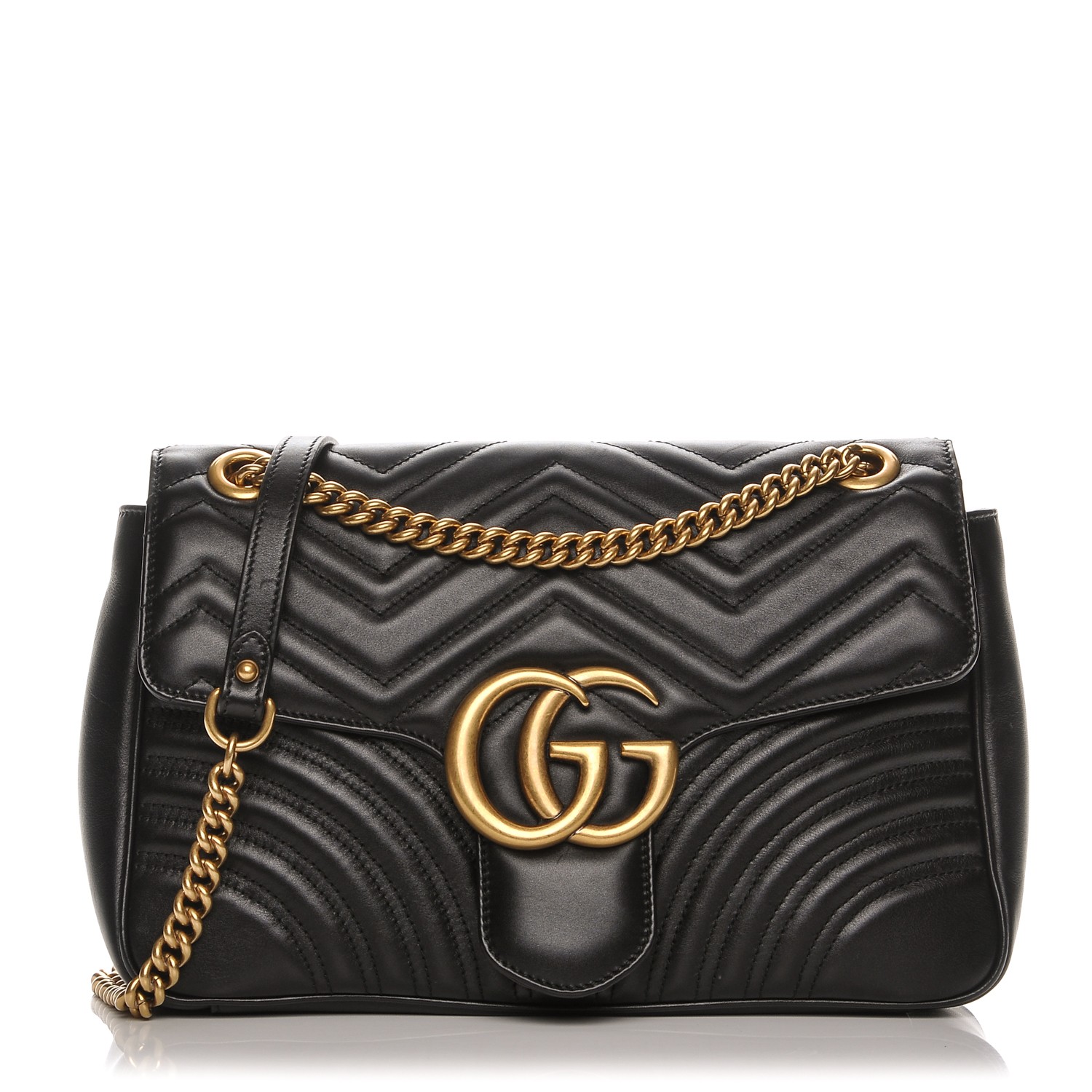 GUCCI Calfskin Matelasse Medium GG Marmont Shoulder Bag Black 203175