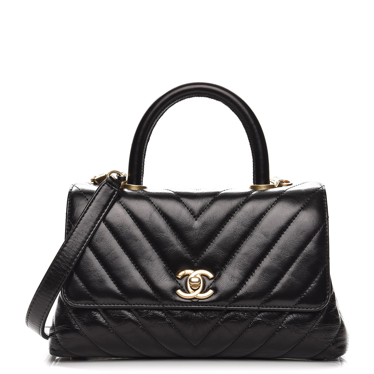CHANEL Calfskin Chevron Quilted Mini Coco Handle Flap Black 228460
