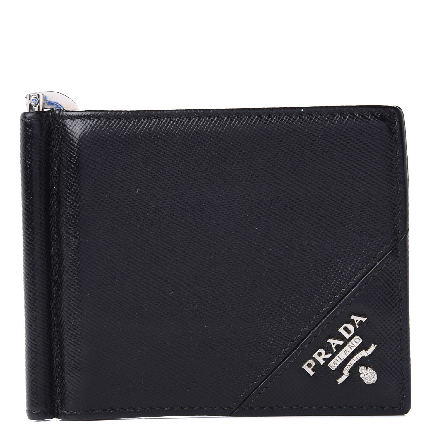 PRADA Saffiano Money Clip Bi-Fold Wallet Black 610682 | FASHIONPHILE
