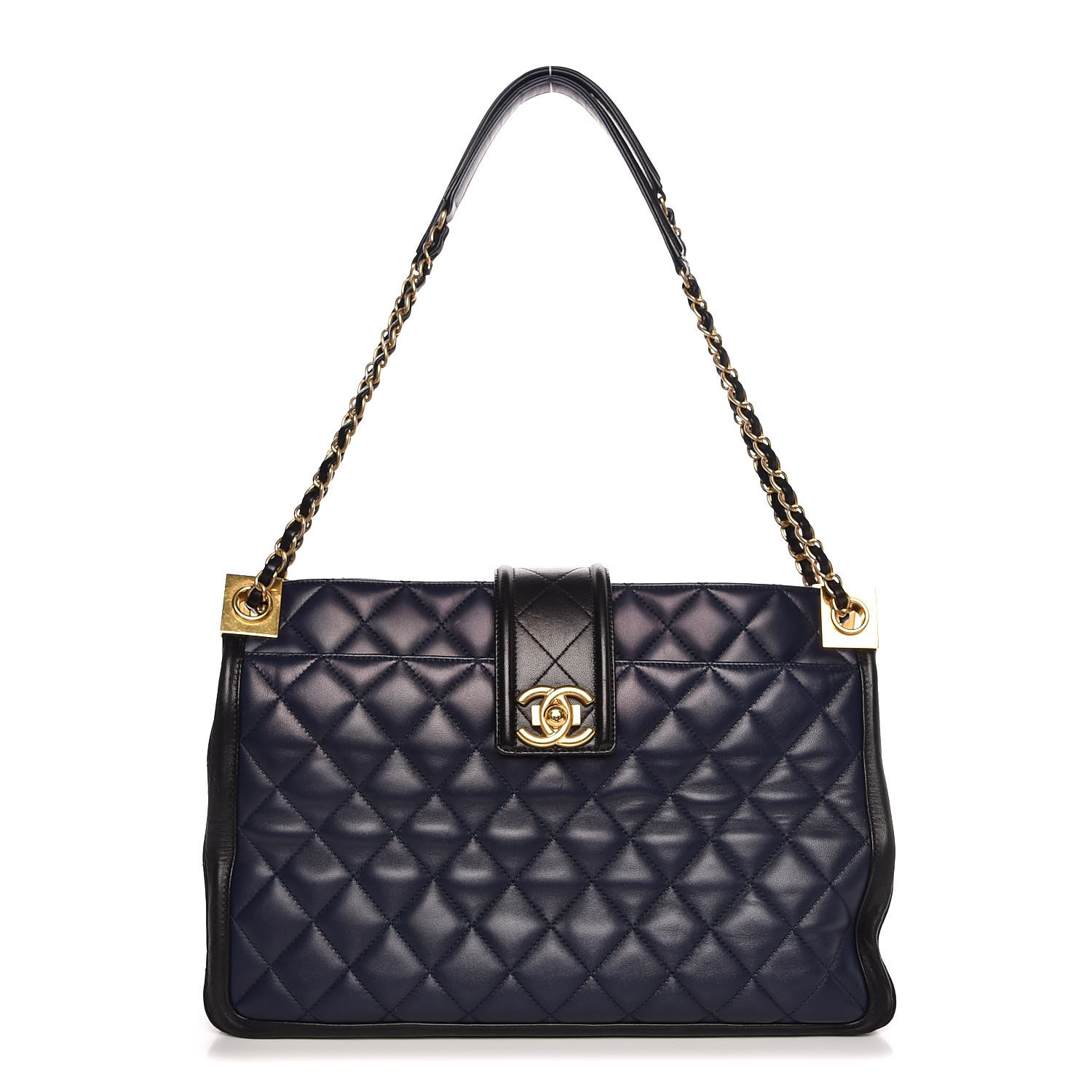 CHANEL Lambskin Quilted Elegant CC Shopping Tote Navy Black 333381