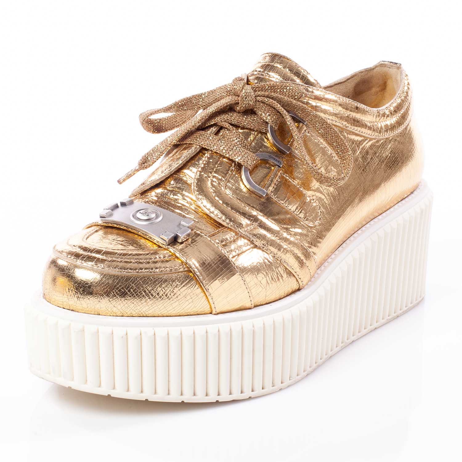 CHANEL Lame Creeper Sneakers 39 Gold 38146