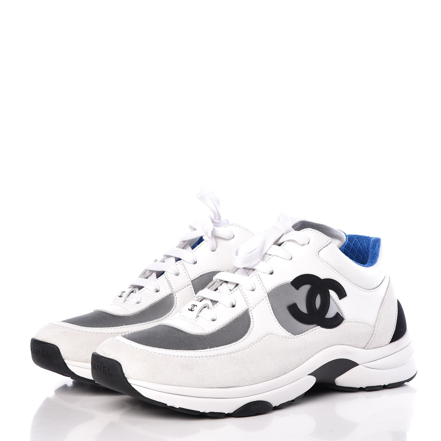 CHANEL Calfskin Fabric Sneakers 38.5 White Silver Fluo Blue 324632