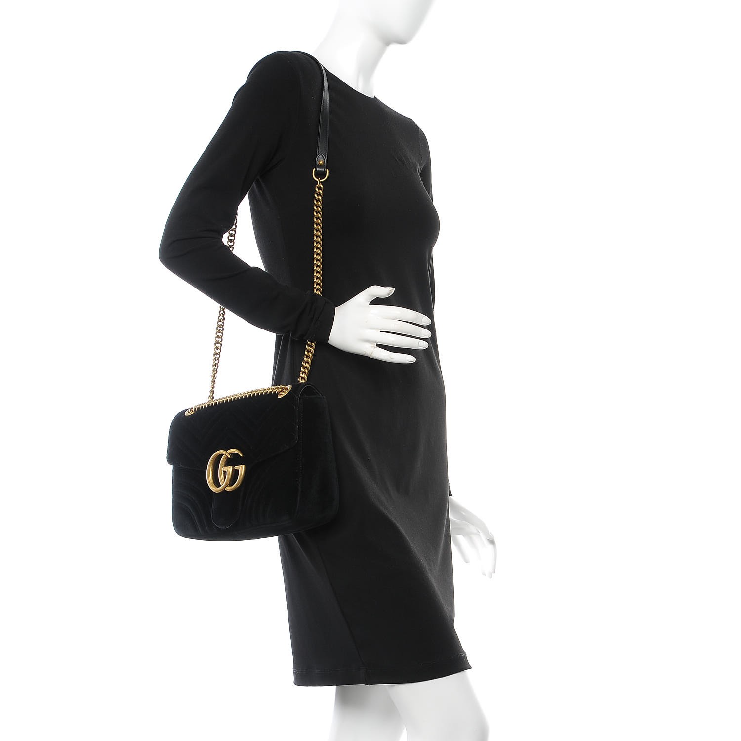 GUCCI Velvet Matelasse Medium GG Marmont Shoulder Bag Black 306733