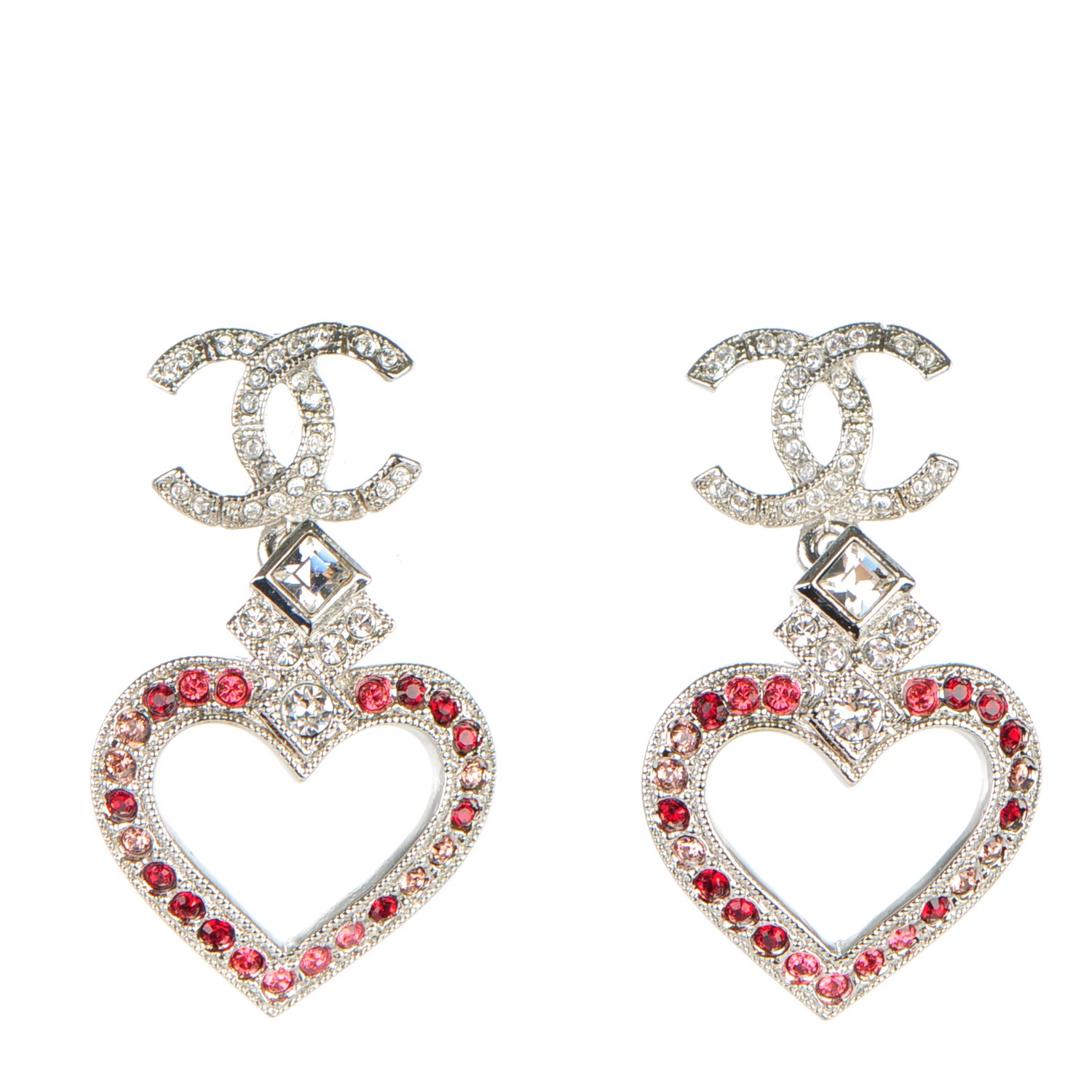 CHANEL Crystal Heart CC Drop Earrings Silver 153904 | FASHIONPHILE