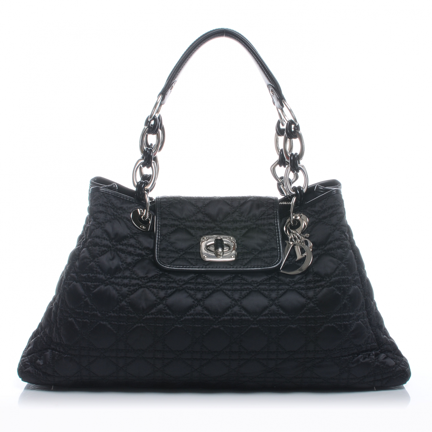 CHRISTIAN DIOR Nylon Cannage Quilted Medium Charming Lock Tote Black 47990