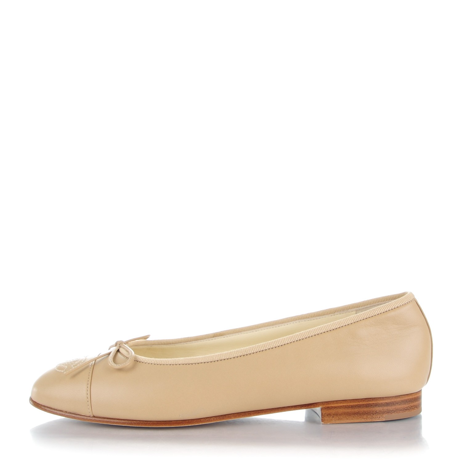 CHANEL Lambskin Cap Toe CC Ballerina Flats 37 Light Beige 151393