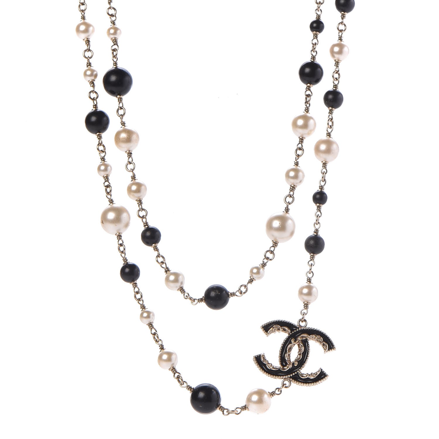 CHANEL Pearl Bead Enamel CC Long Necklace Black Gold 303548