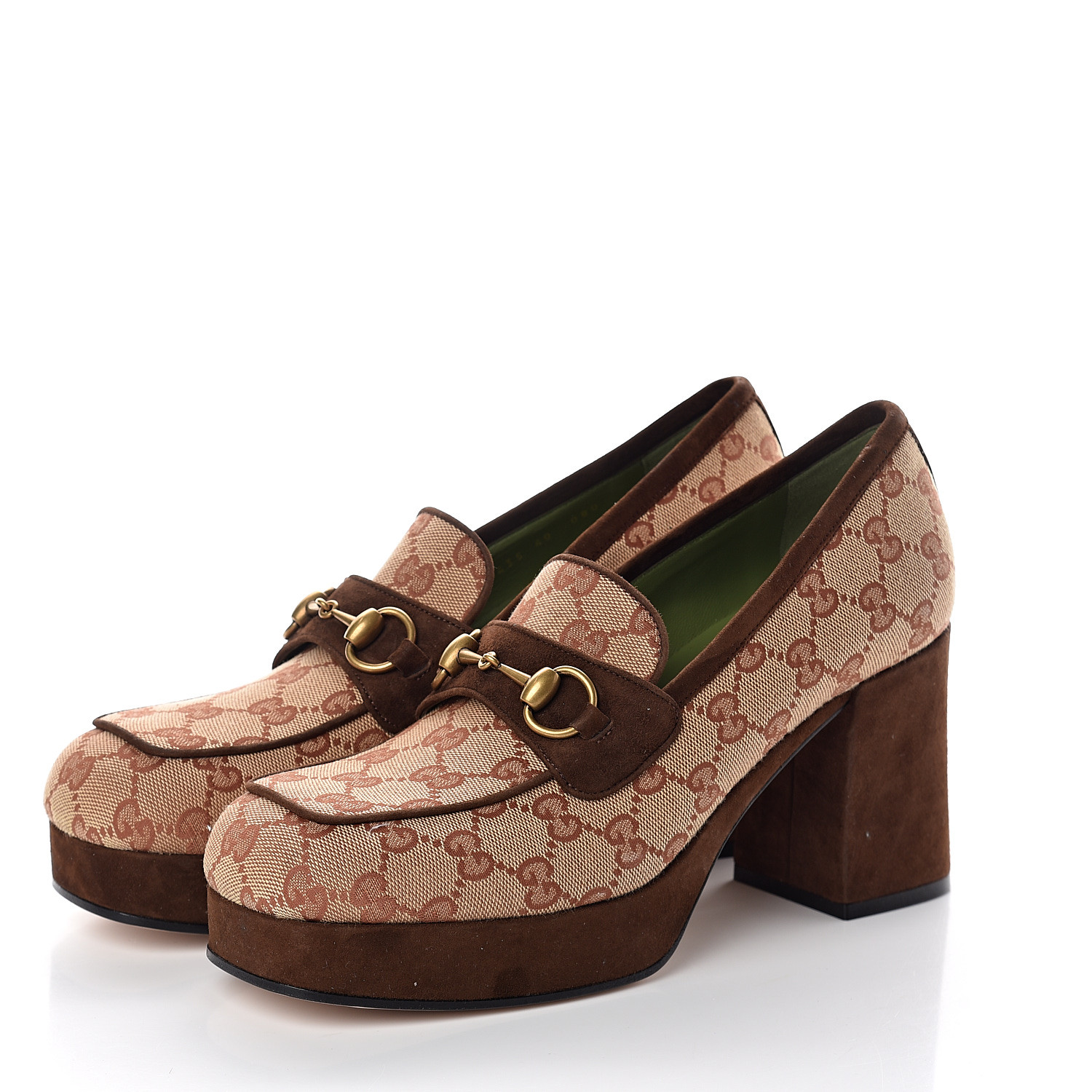 GUCCI Monogram Suede Horsebit Platform Loafers 40 Beige Ruggine Rust ...