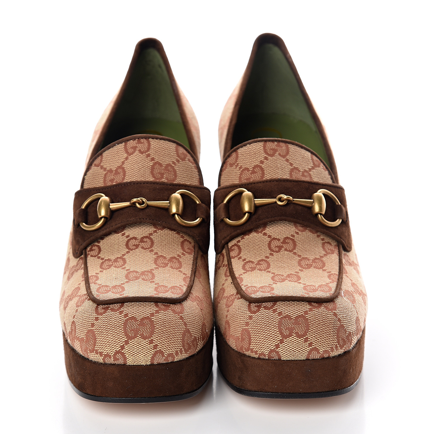 GUCCI Monogram Suede Horsebit Platform Loafers 40 Beige Ruggine Rust ...