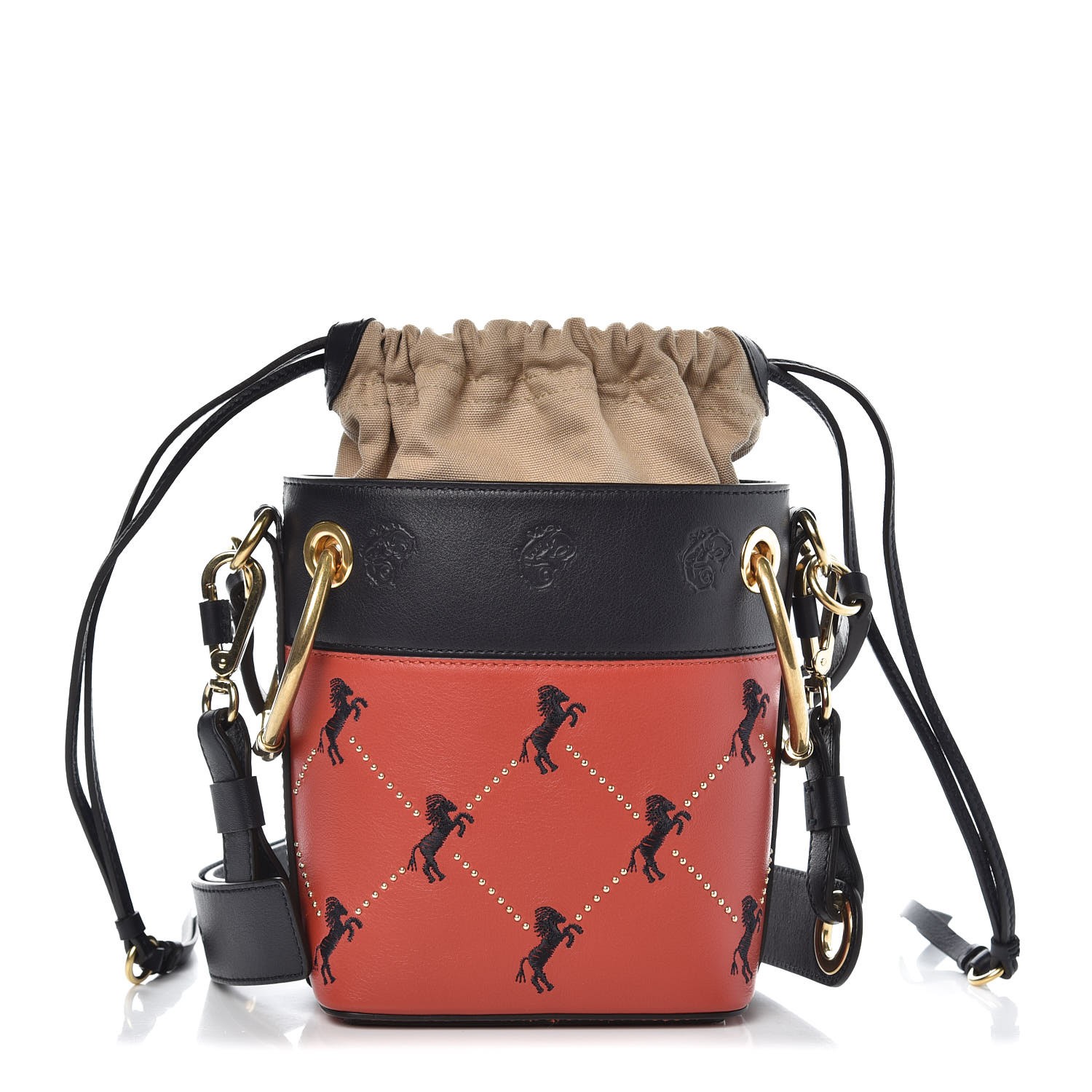 Chloe Smooth Calfskin Embroidered Little Horses Mini Roy Bucket Bag Earthy Red