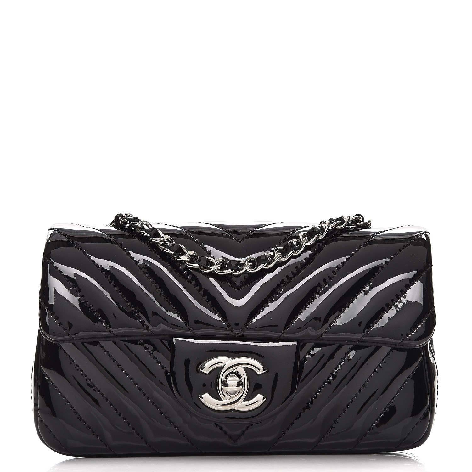 CHANEL Patent Calfskin Chevron Quilted Extra Mini Flap Black 294821
