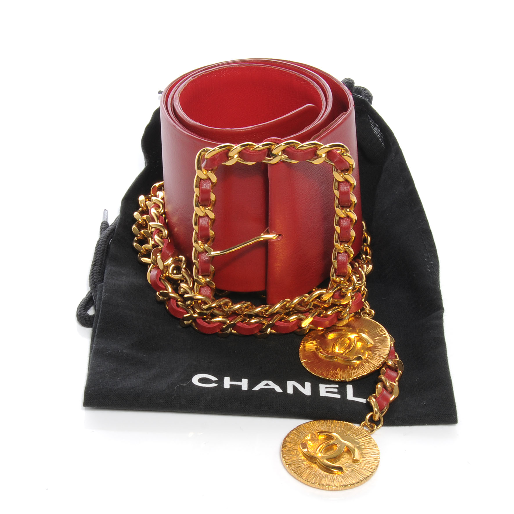 CHANEL Leather Gold Chain Medallion Wide Belt 70 Red 57169