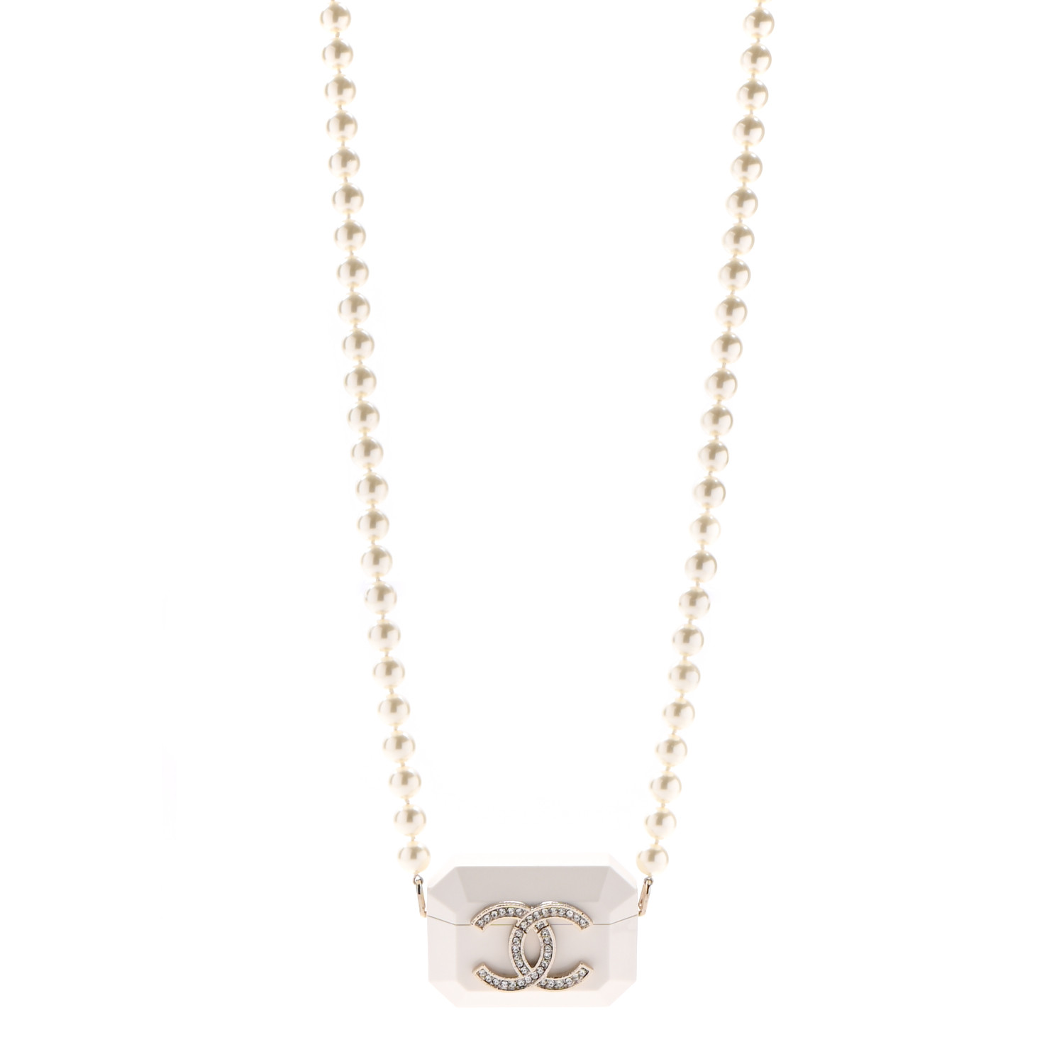 CHANEL Resin Crystal Pearl Airpod Pro Case Necklace Gold White Pearly ...