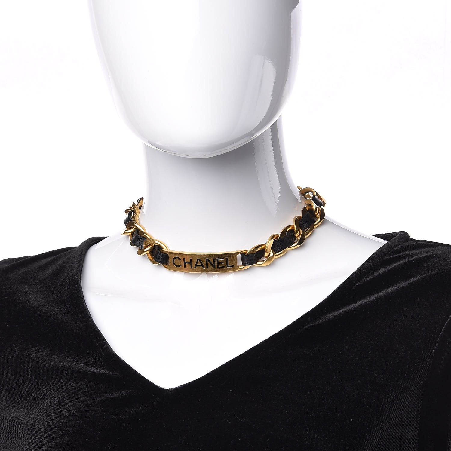 CHANEL Metal Lambskin Name Plate Choker Necklace Black Gold 324542