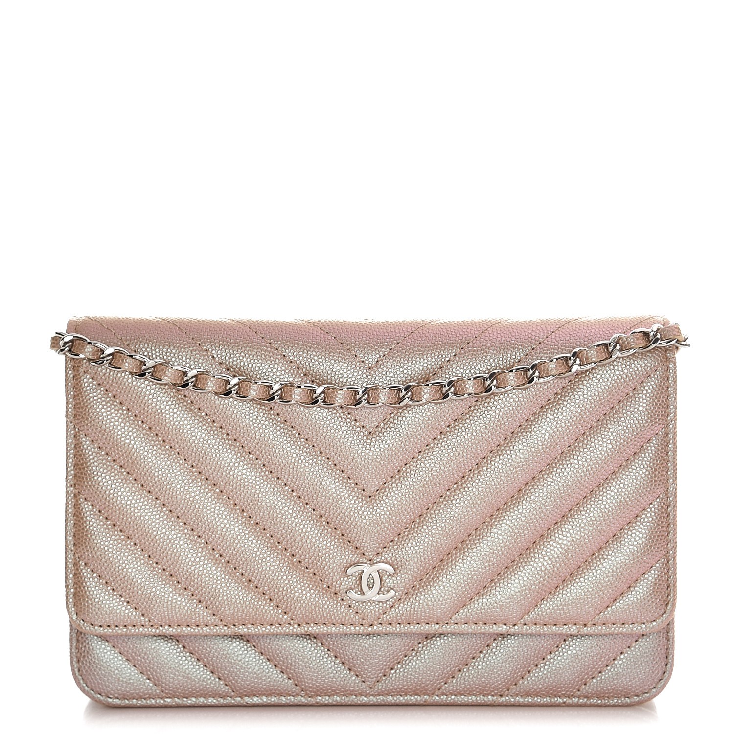 CHANEL Metallic Caviar Chevron Quilted Wallet On Chain WOC Light Gold ...