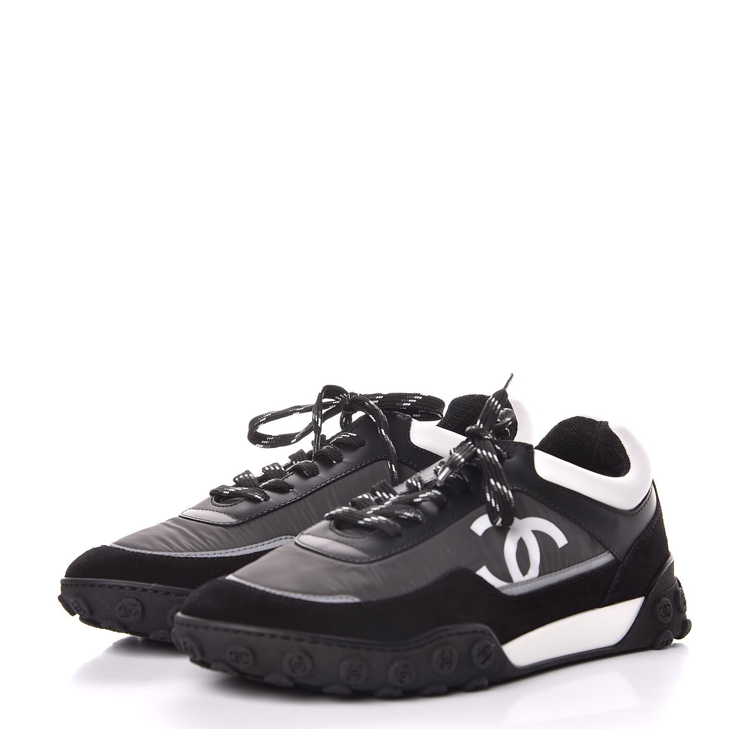 CHANEL Nylon Calfskin CC Sneakers 39 Black Grey White 335345