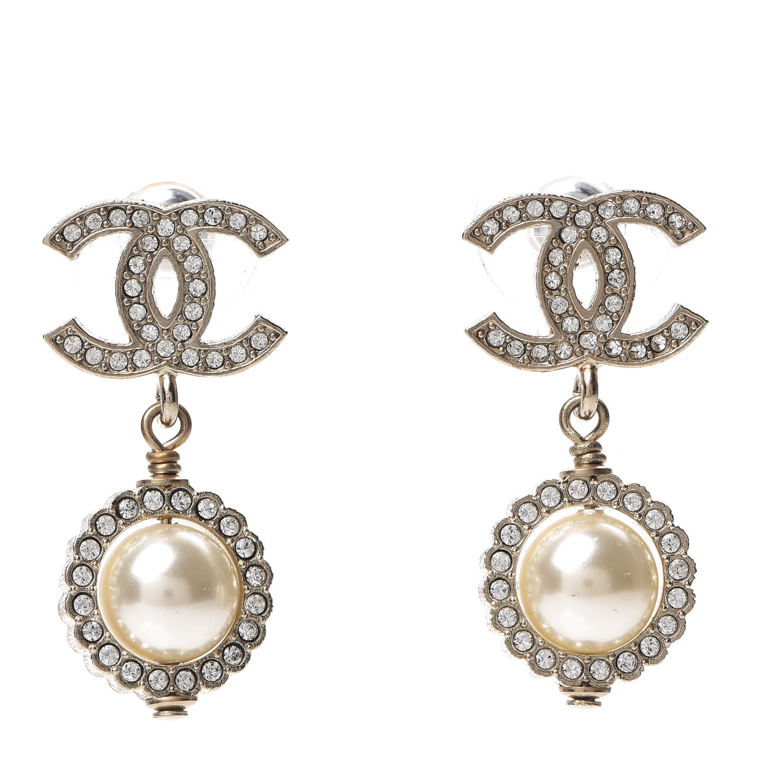 CHANEL Crystal Pearl CC Drop Earrings Gold 579223