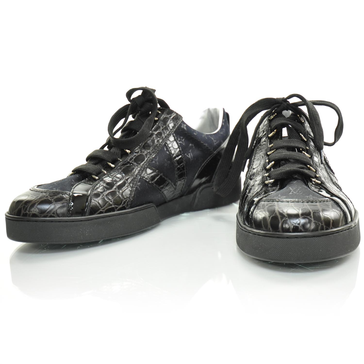 LOUIS VUITTON Mens Crocodile Satin Monogram Sneakers 8.5 Black 22155