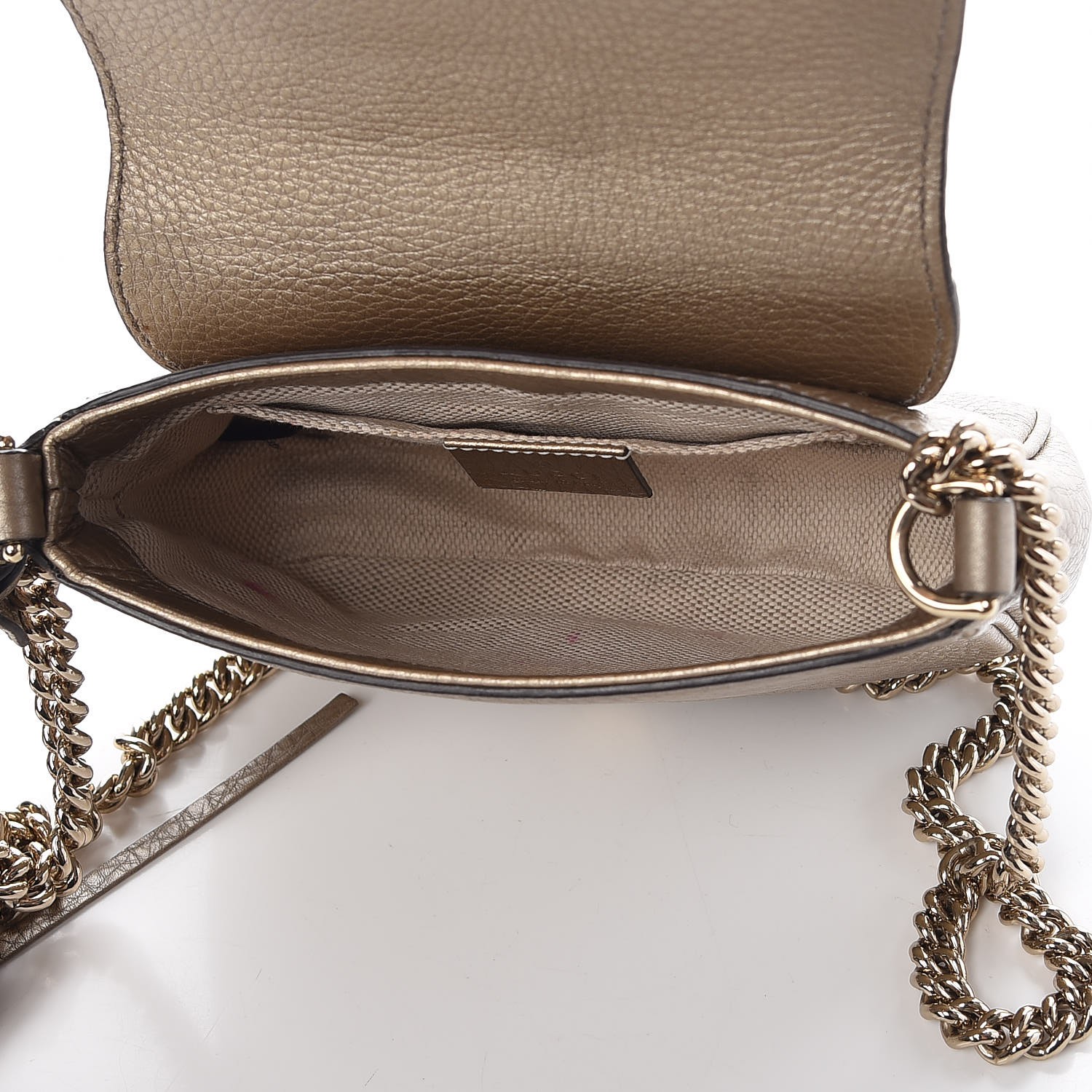 GUCCI Metallic Pebbled Calfskin Small Soho Chain Shoulder Bag Golden Beige 321525