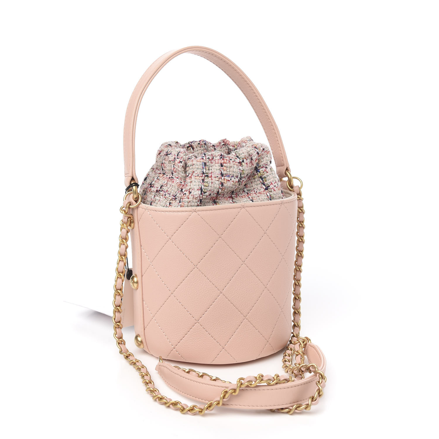 CHANEL Calfskin Tweed Small CC Chain Bucket Drawstring Bag Light Pink ...