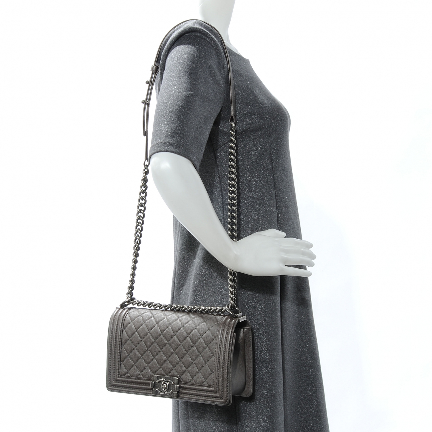Chanel Calfskin Medium Boy Bag Flap Metallic Dark Silver 52703