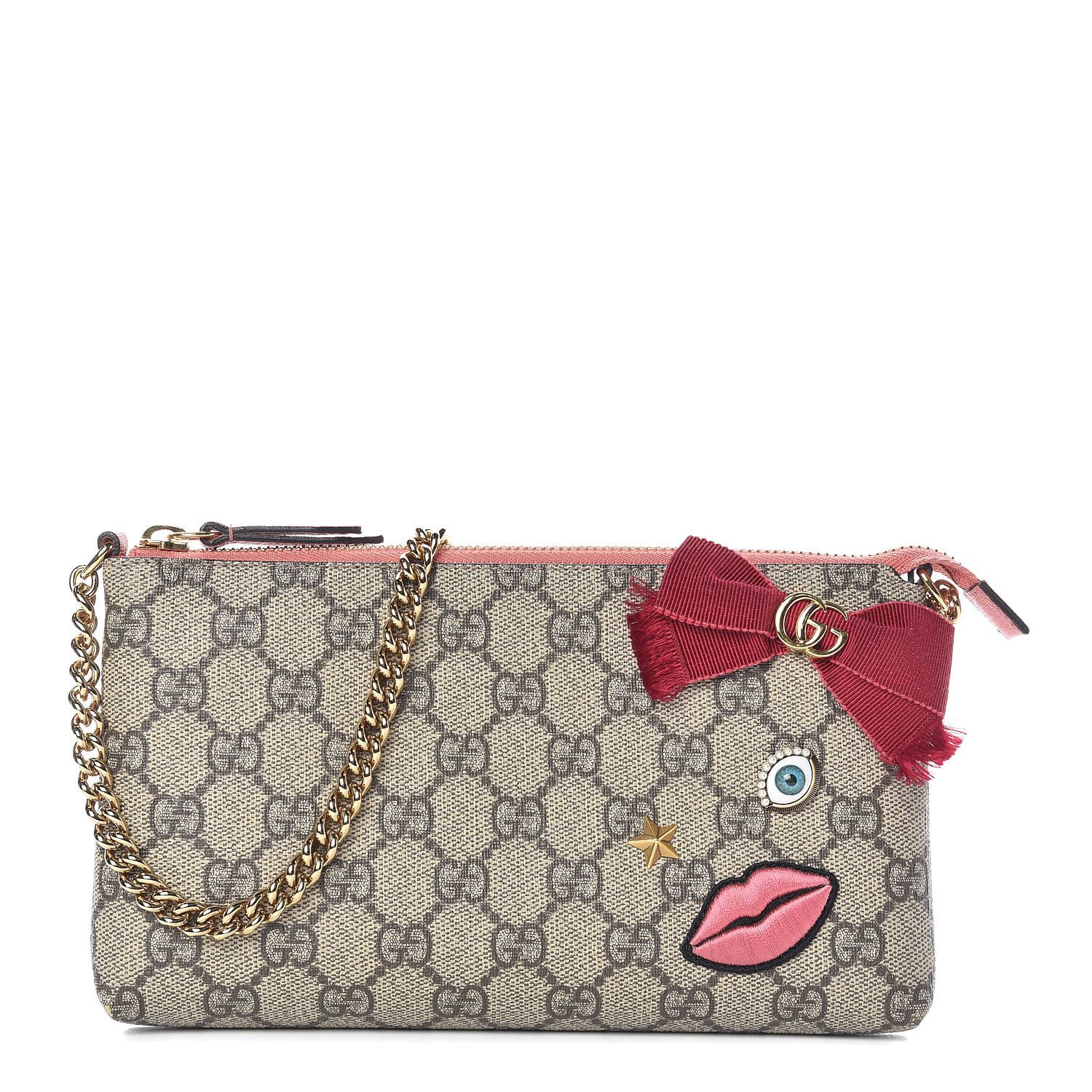 GUCCI GG Supreme Monogram Embroidered Face Chain Wrist Wallet Pink ...