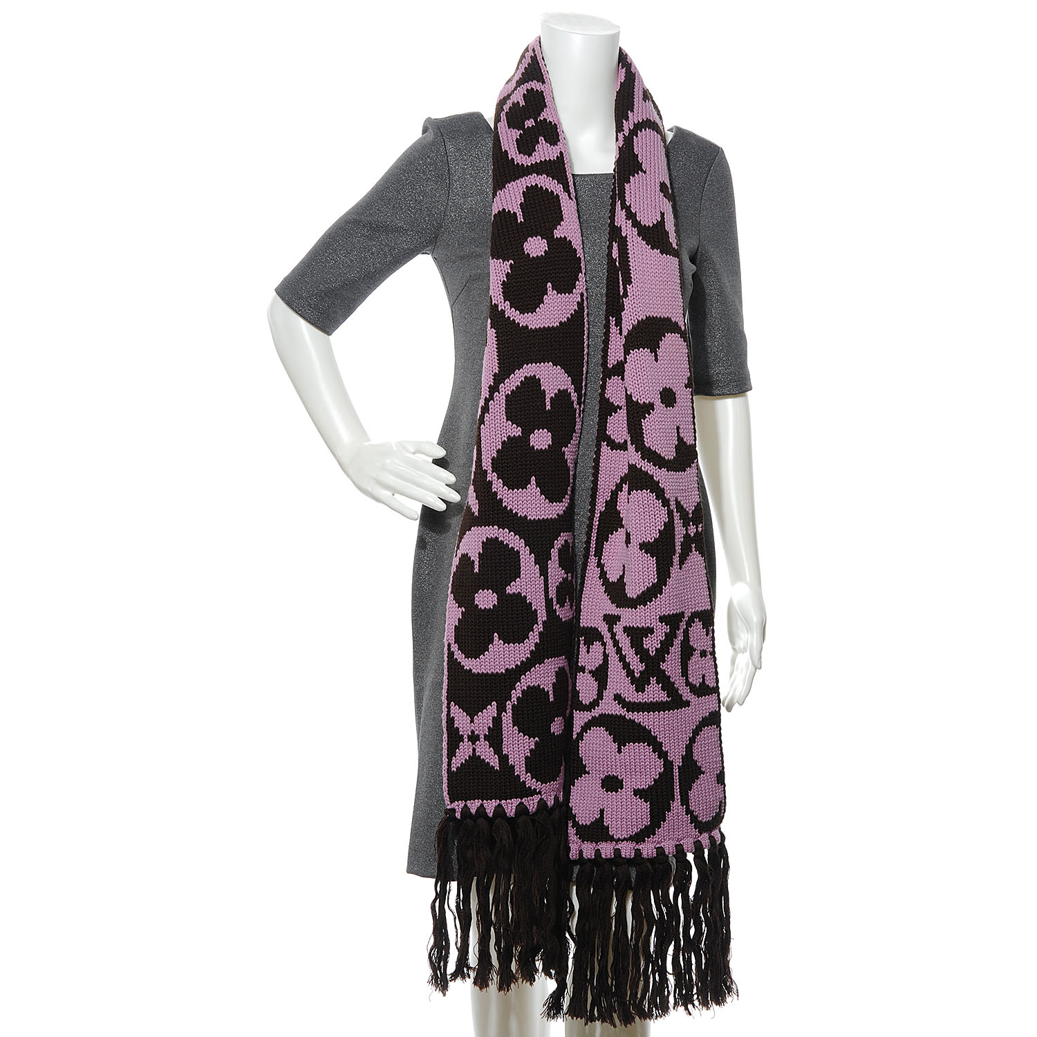 LOUIS VUITTON Monogram Knit Wool Hat Fringe Scarf Set Pink Ebene 53896