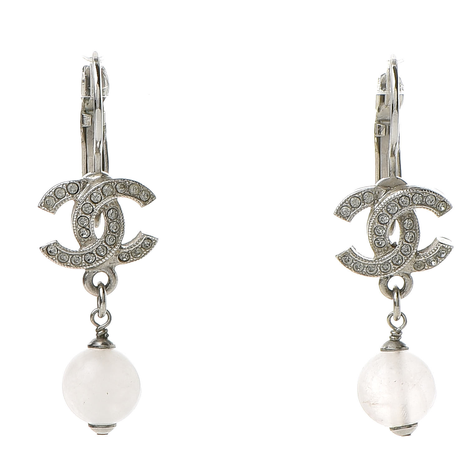 CHANEL Resin Crystal CC Drop Earrings Silver 512142