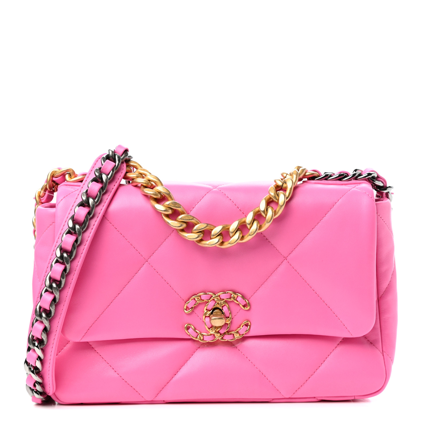 CHANEL Shiny Lambskin Quilted Medium Chanel 19 Flap Neon Pink 769742 ...